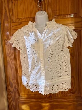 White Eyelet Button-Front Blouse with Scalloped Trim
